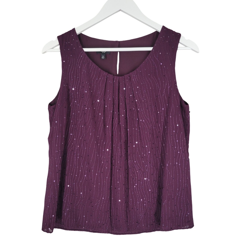 Talbots Silk Sequin Tank Top Womens 12P Purple Sleeveless Shell Blouse Plum